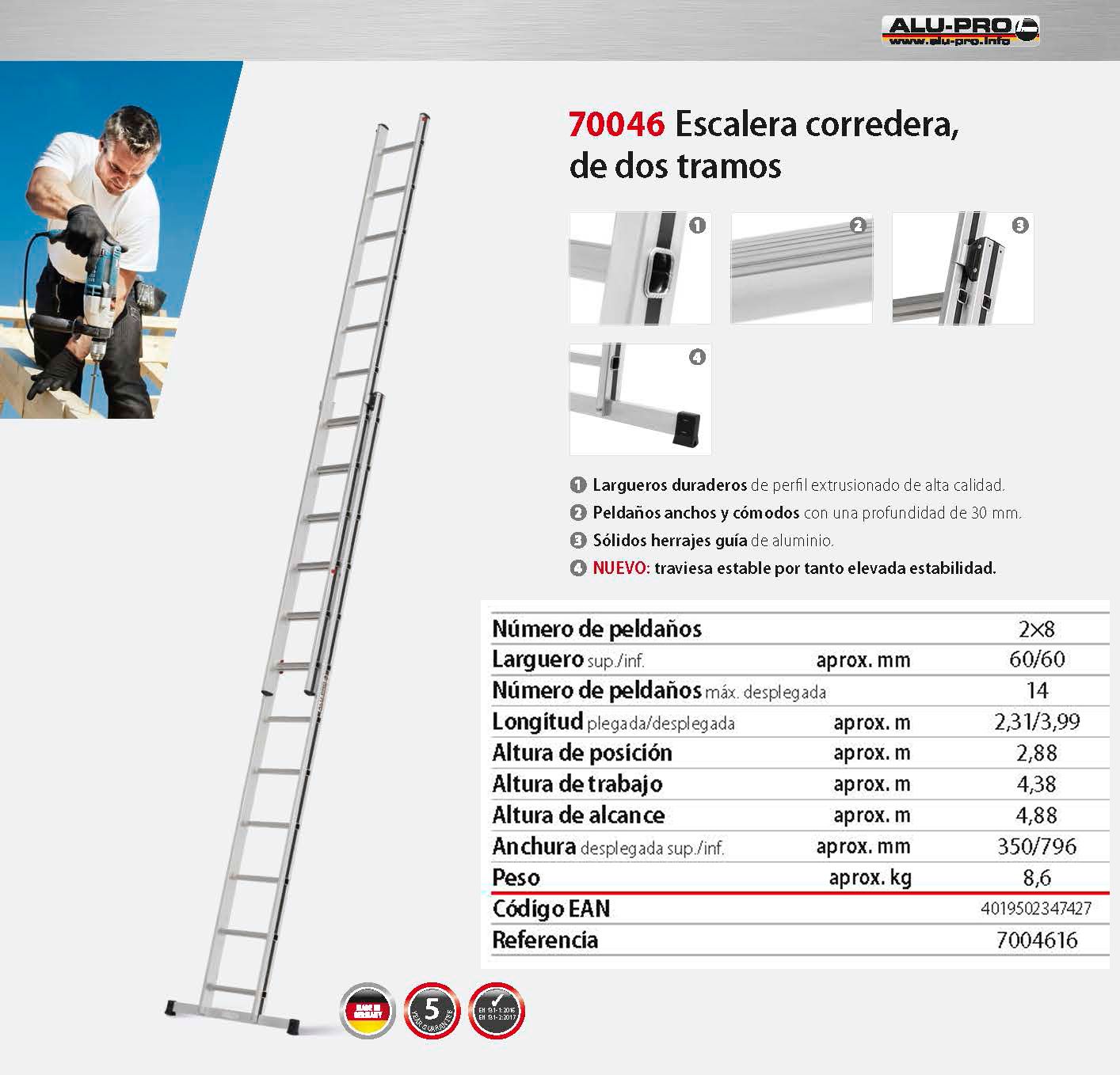 Escalera corredera de dos tramos, 4,88m, 2x8 peldaños