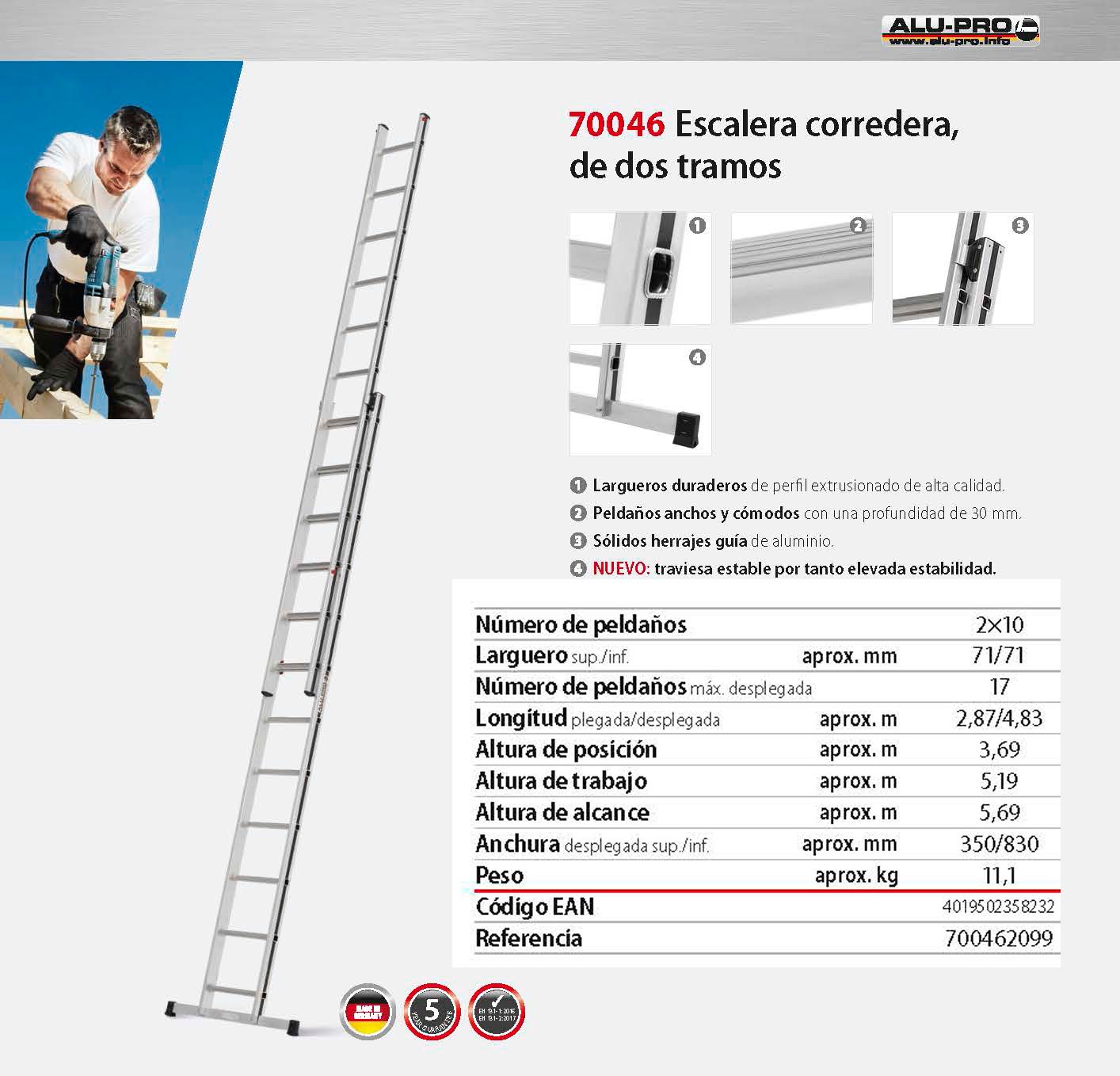 Escalera corredera de dos tramos, 5,69m, 2x10 peldaños