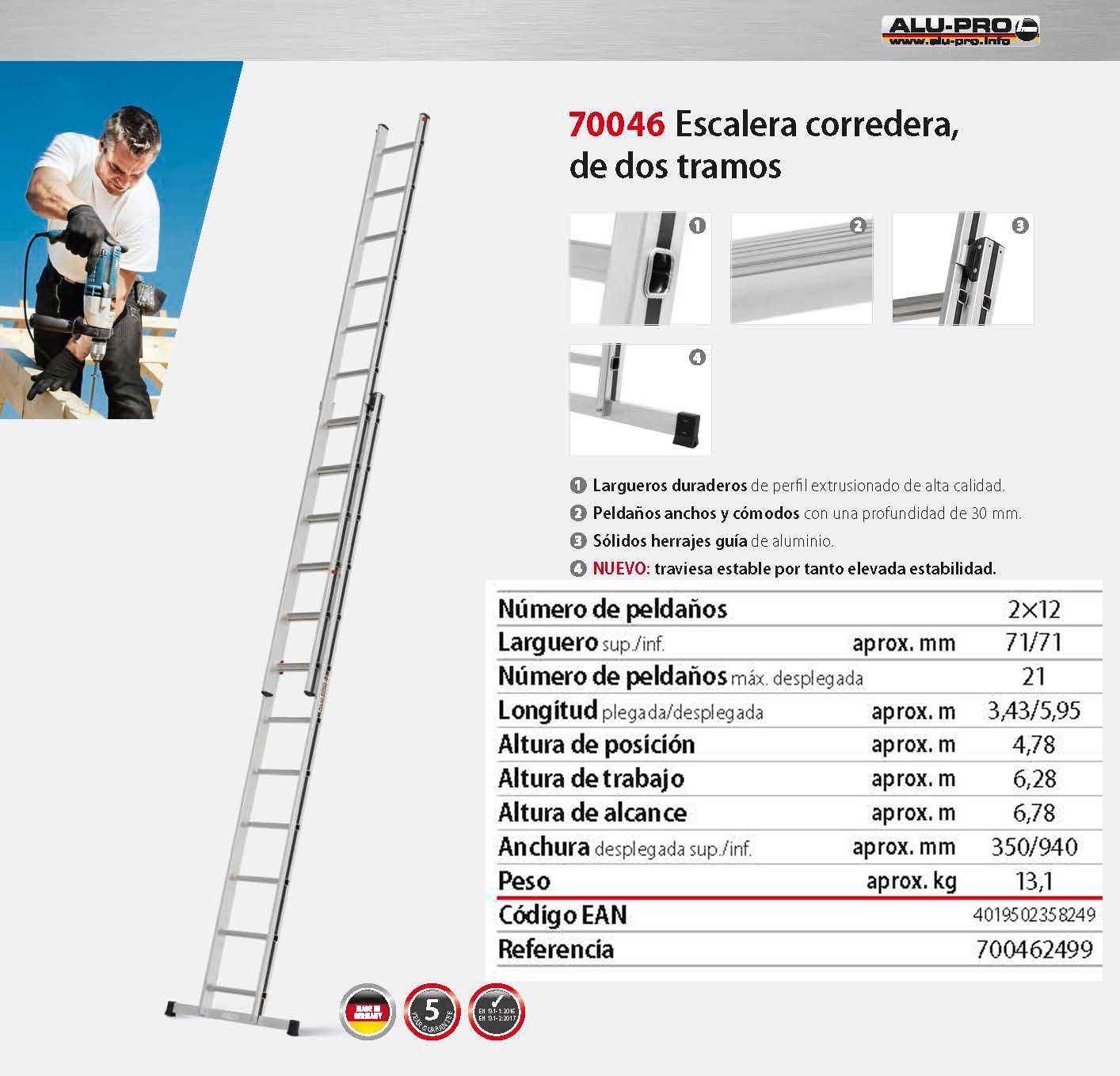 Escalera corredera de dos tramos, 6,78m, 2x12 peldaños