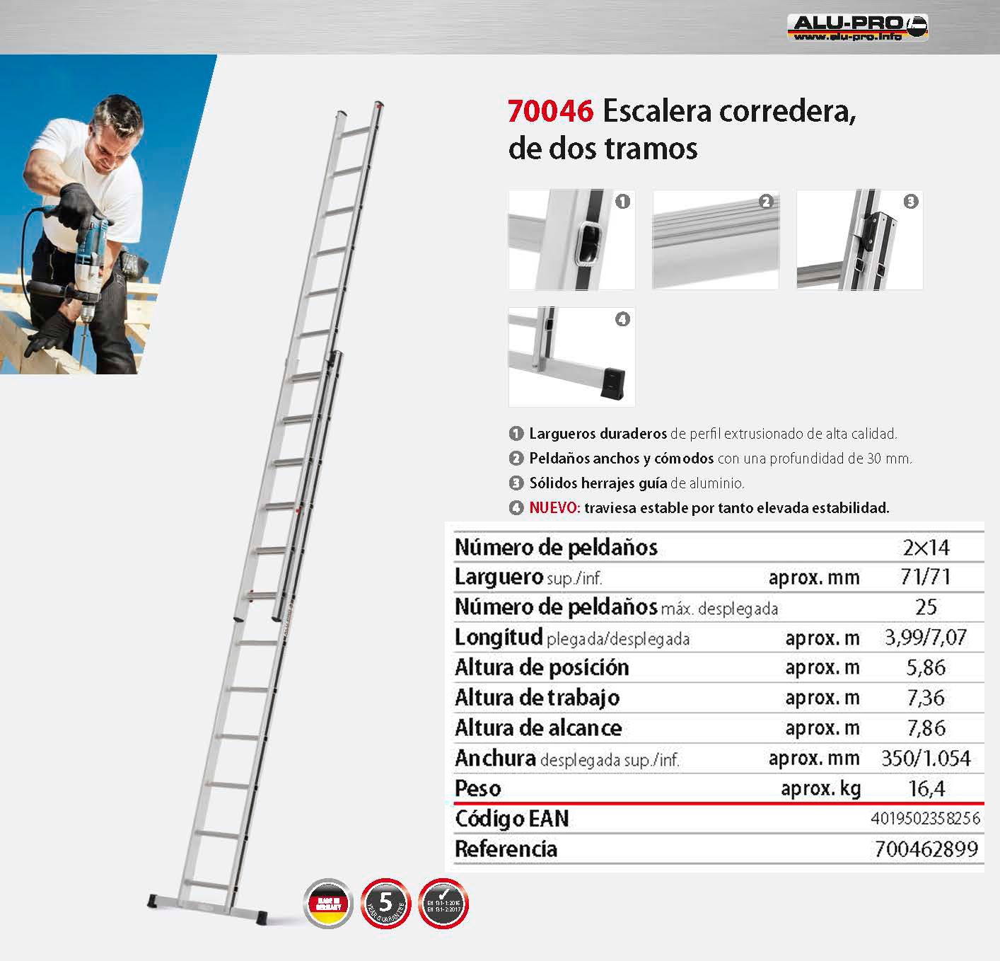 Escalera corredera de dos tramos, 7,86m, 2x14 peldaños