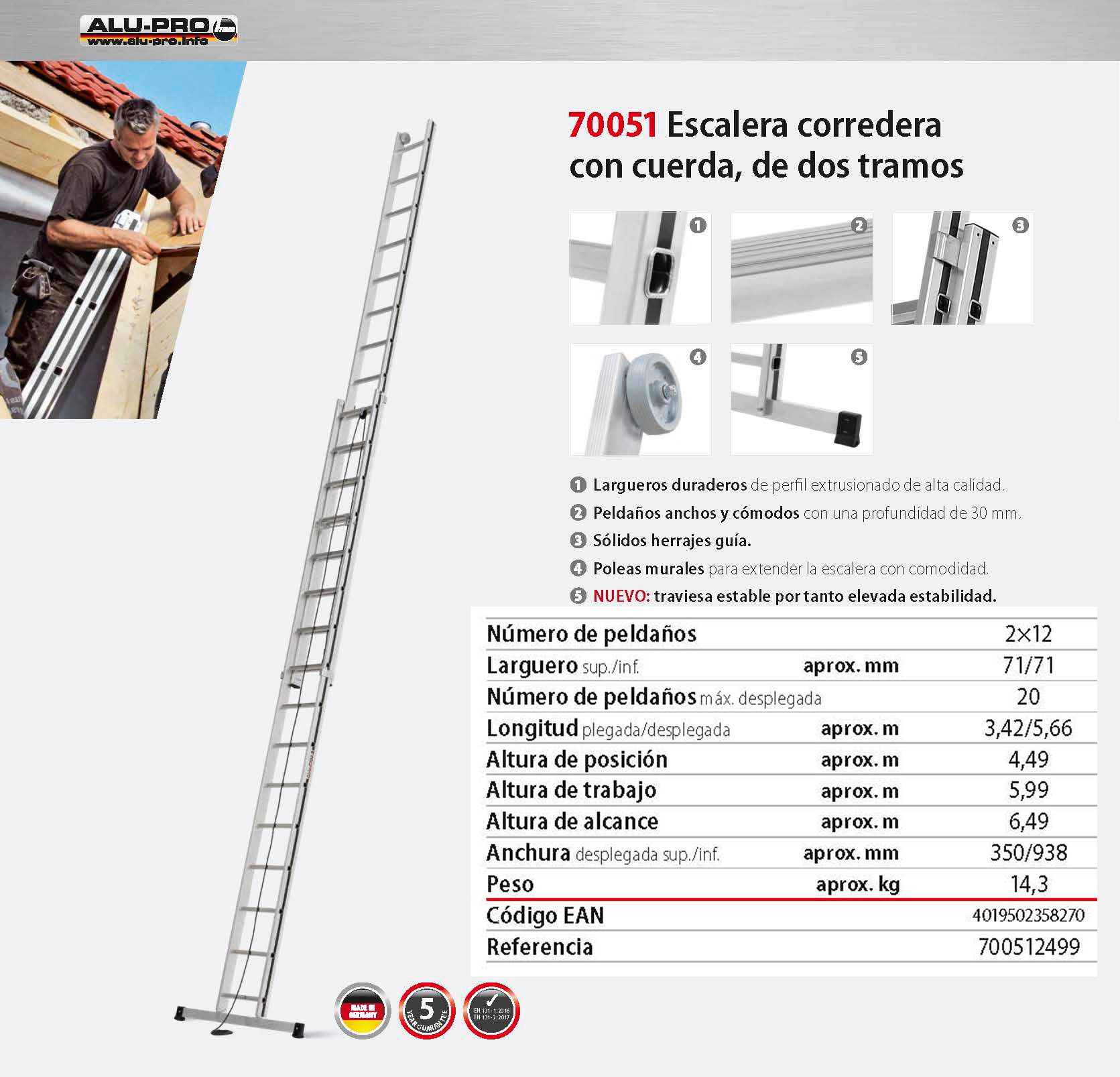 Escalera corredera 6,49m, 2x12 peldaños, con cuerda de dos tramos
