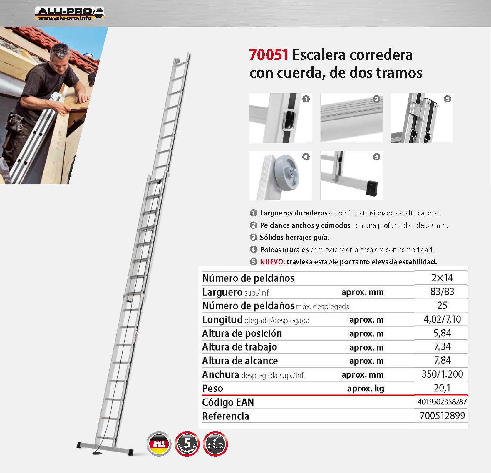 Escalera corredera 7,84m, 2x14 peldaños, con cuerda de dos tramos
