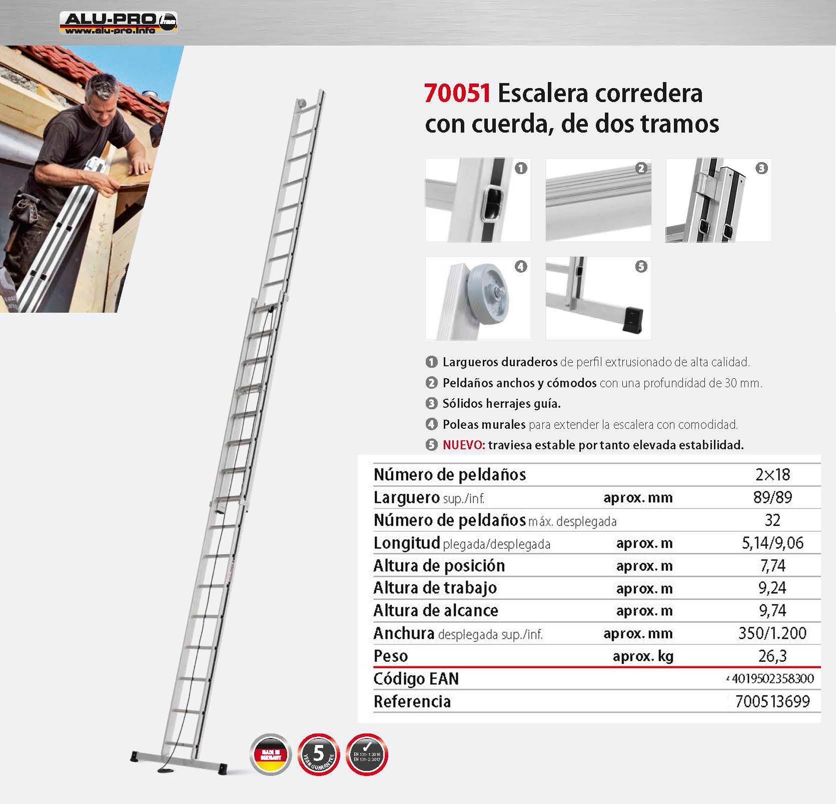 Escalera corredera 9,74m, 2x18 peldaños, con cuerda de dos tramos