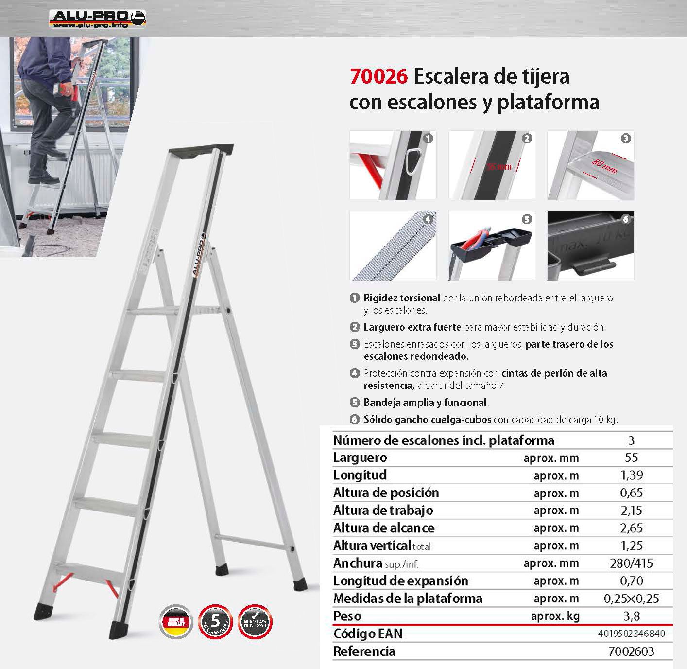 Escalera de tijera 2,65m, 3 peldaños, con escalones y plataforma