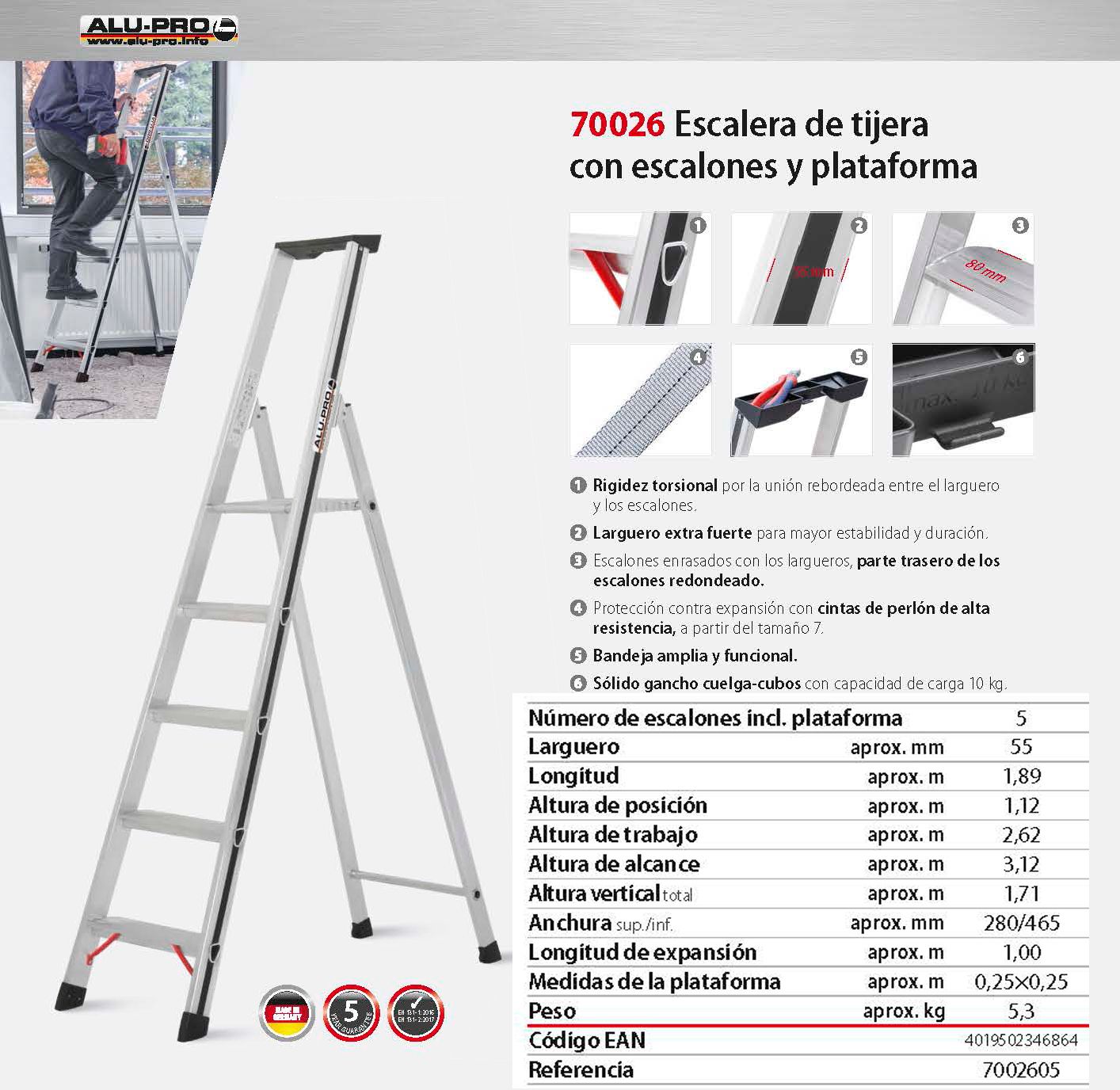 Escalera de tijera 3,12m, 5 peldaños, con escalones y plataforma