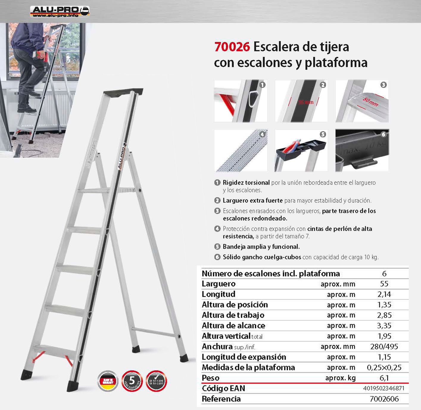 Escalera de tijera 3,35m, 6 peldaños, con escalones y plataforma