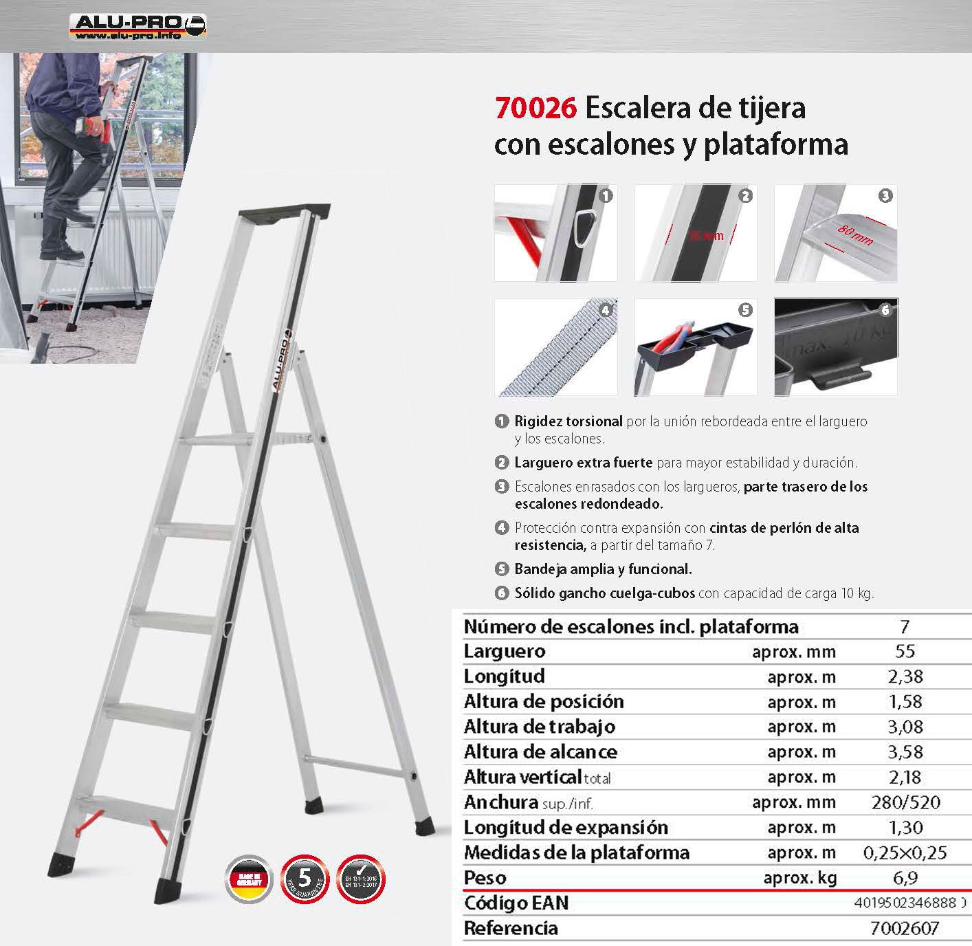 Escalera de tijera 3,58m, 7 peldaños, con escalones y plataforma