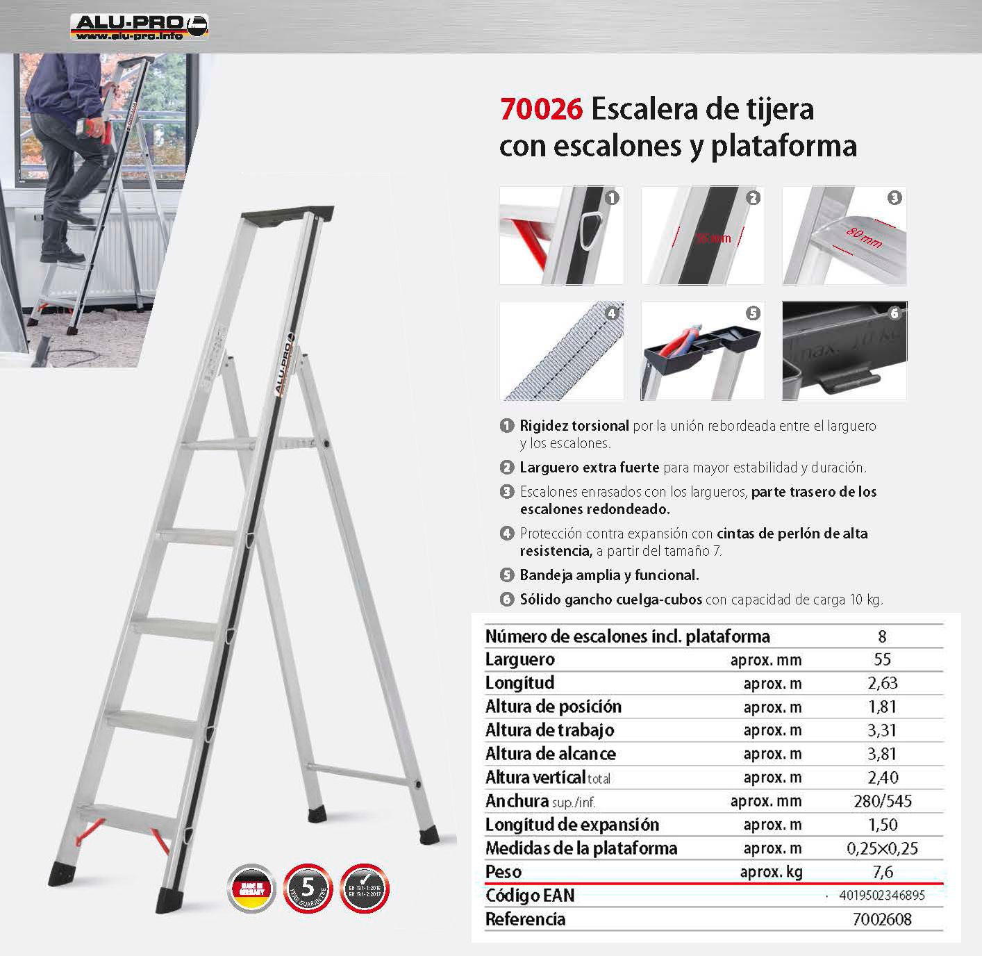Escalera de tijera 3,81m, 8 peldaños, con escalones y plataforma