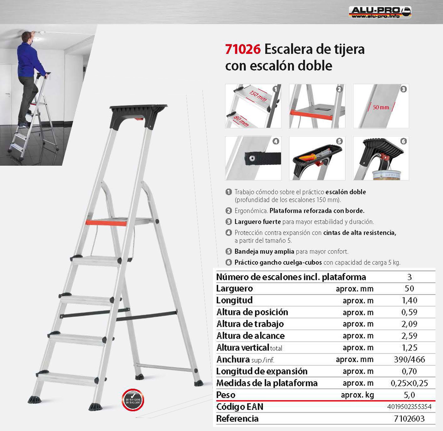 Escalera de tijera 2,59m, 3 peldaños, con escalón doble
