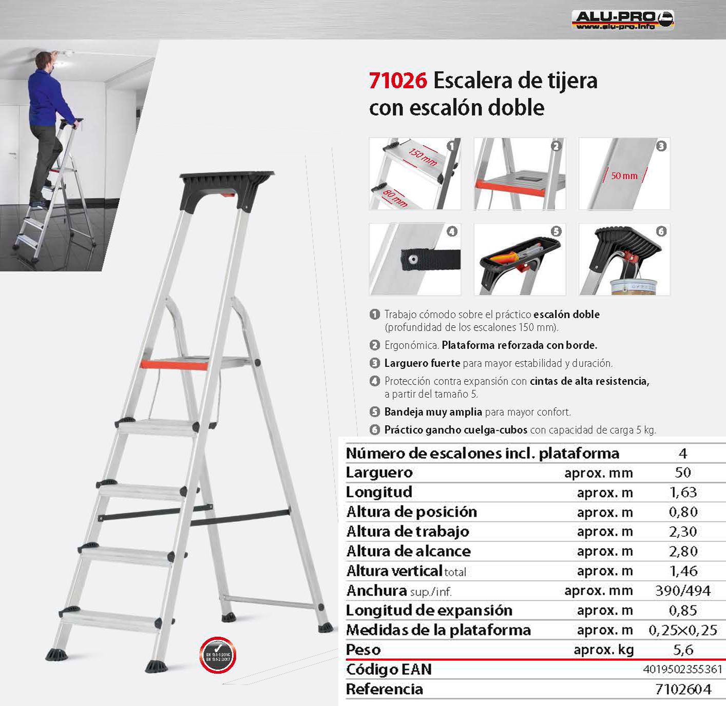 Escalera de tijera 2,80m, 4 peldaños, con escalón doble