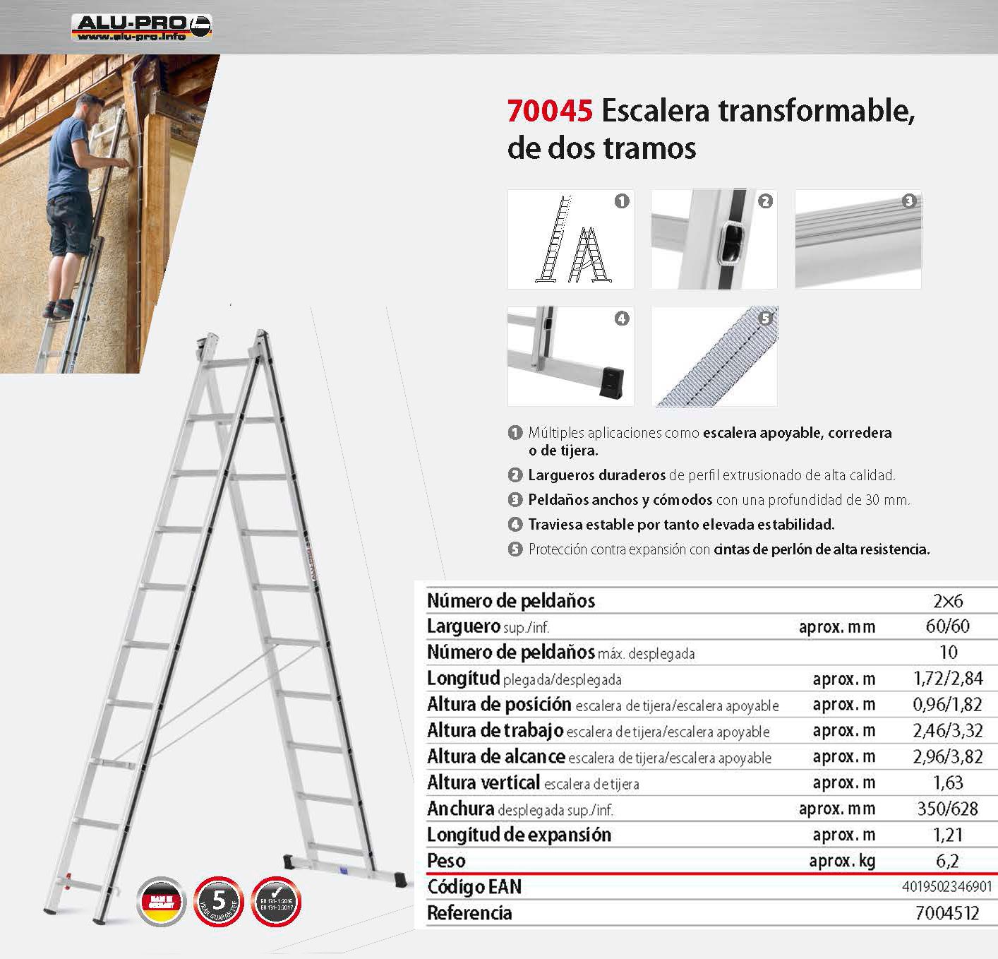 Escalera transformable 2,96 / 3,82m, 2x6 peldaños, de dos tramos