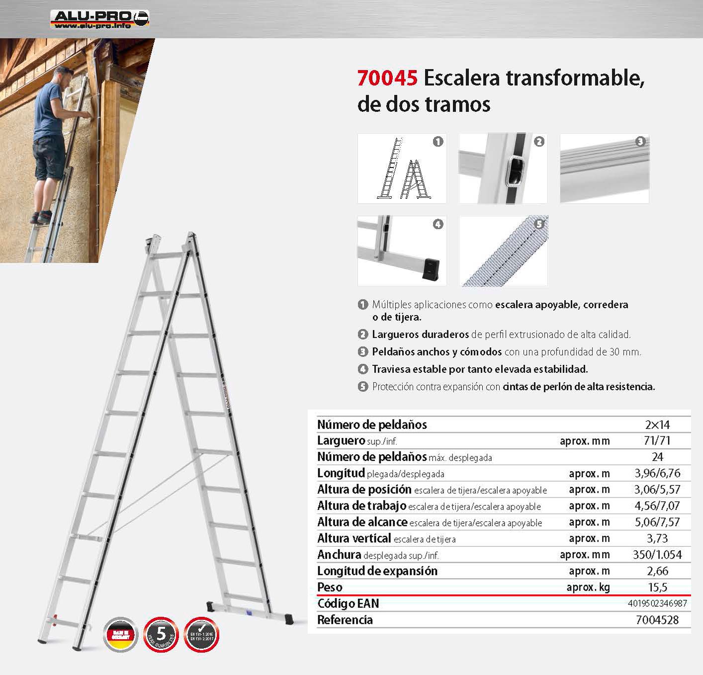 Escalera transformable 5,06 / 7,57m, 2x14 peldaños, de dos tramos