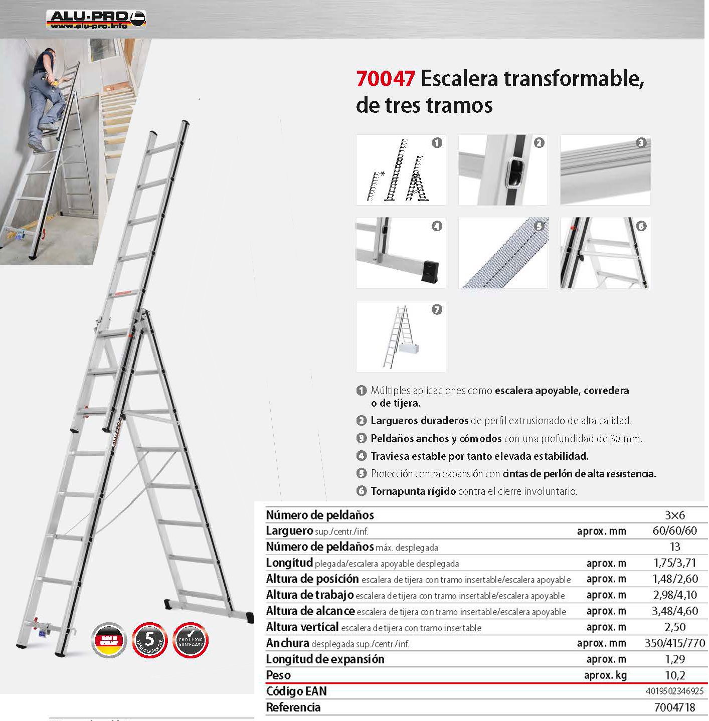 Escalera transformable 3,48 / 4,60, 3x6 peldaños, de tres tramos