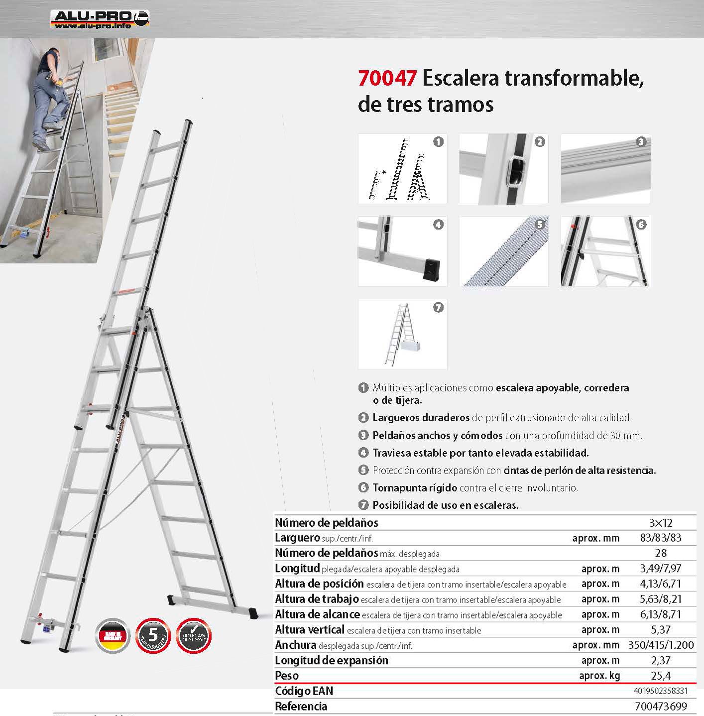 Escalera transformable 6,13 / 8,71m, 3x12 peldaños, de tres tramos