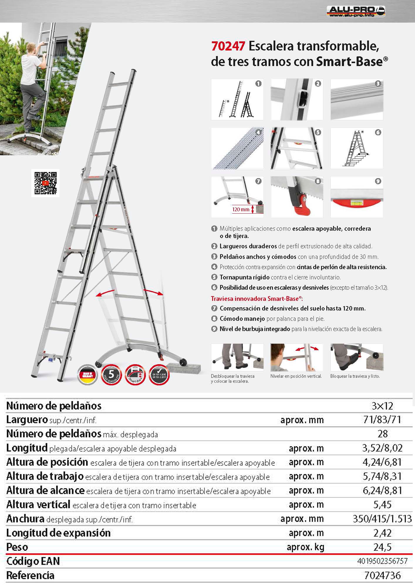 Transformable 6,24 / 8,81m, 2x12 peld., tres tramos con Smart-Base®